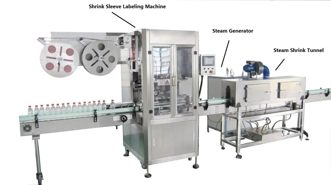Dwugłowicowa automatyczna maszyna do termokurczliwego etykietowania szklanych butelek z tworzywa sztucznego